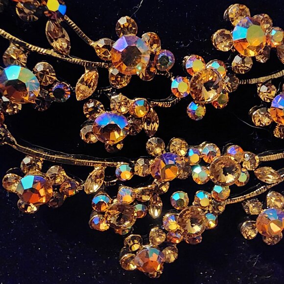 Vintage MCM Golden AB Rhinestone Flower Necklace Heavy Gold Plate Rivoli Stones - Picture 2 of 14